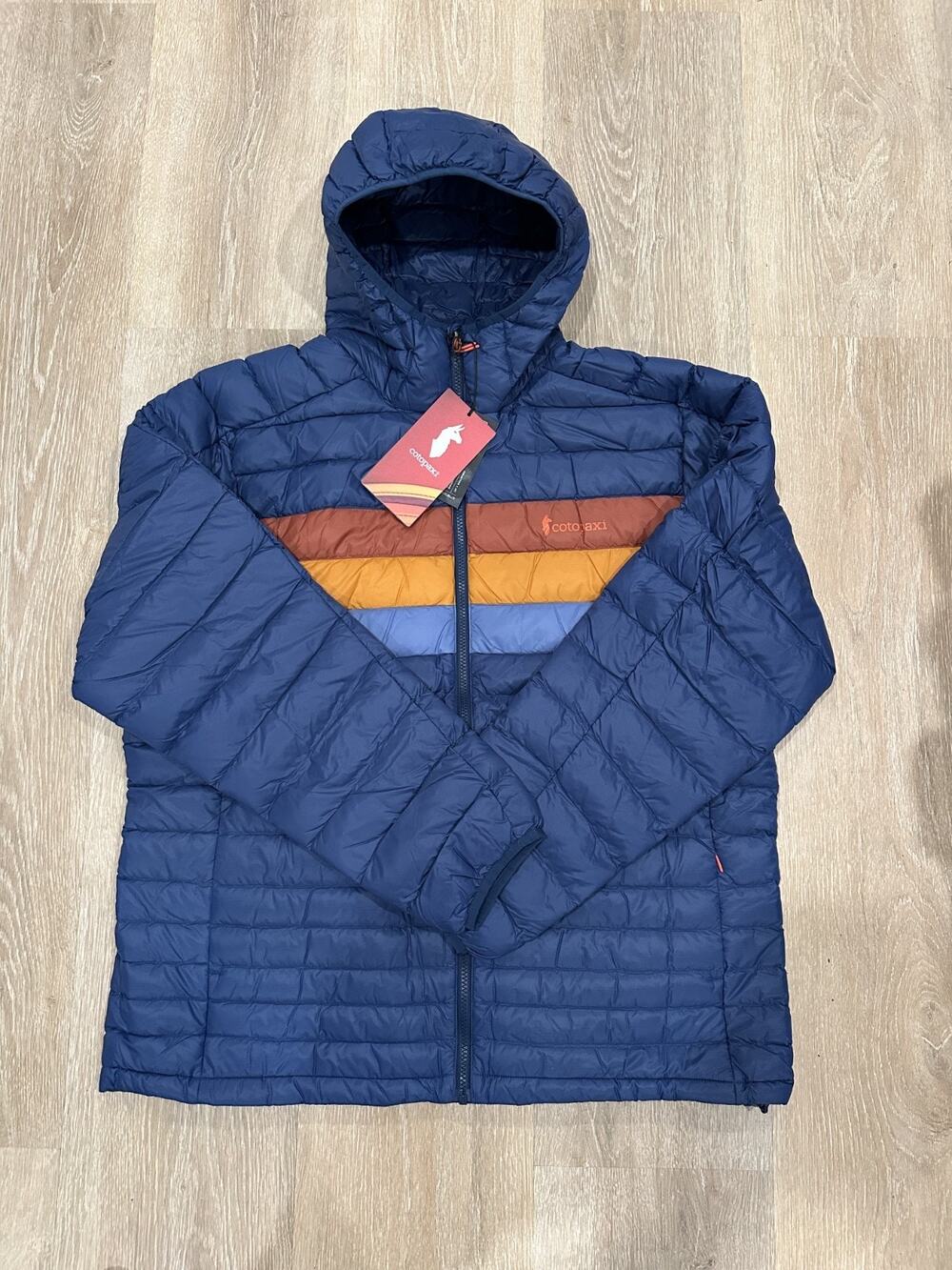 Cotopaxi Fuego Down Hooded Jacket, Men's XL, Deep Sea Stripes, NWT